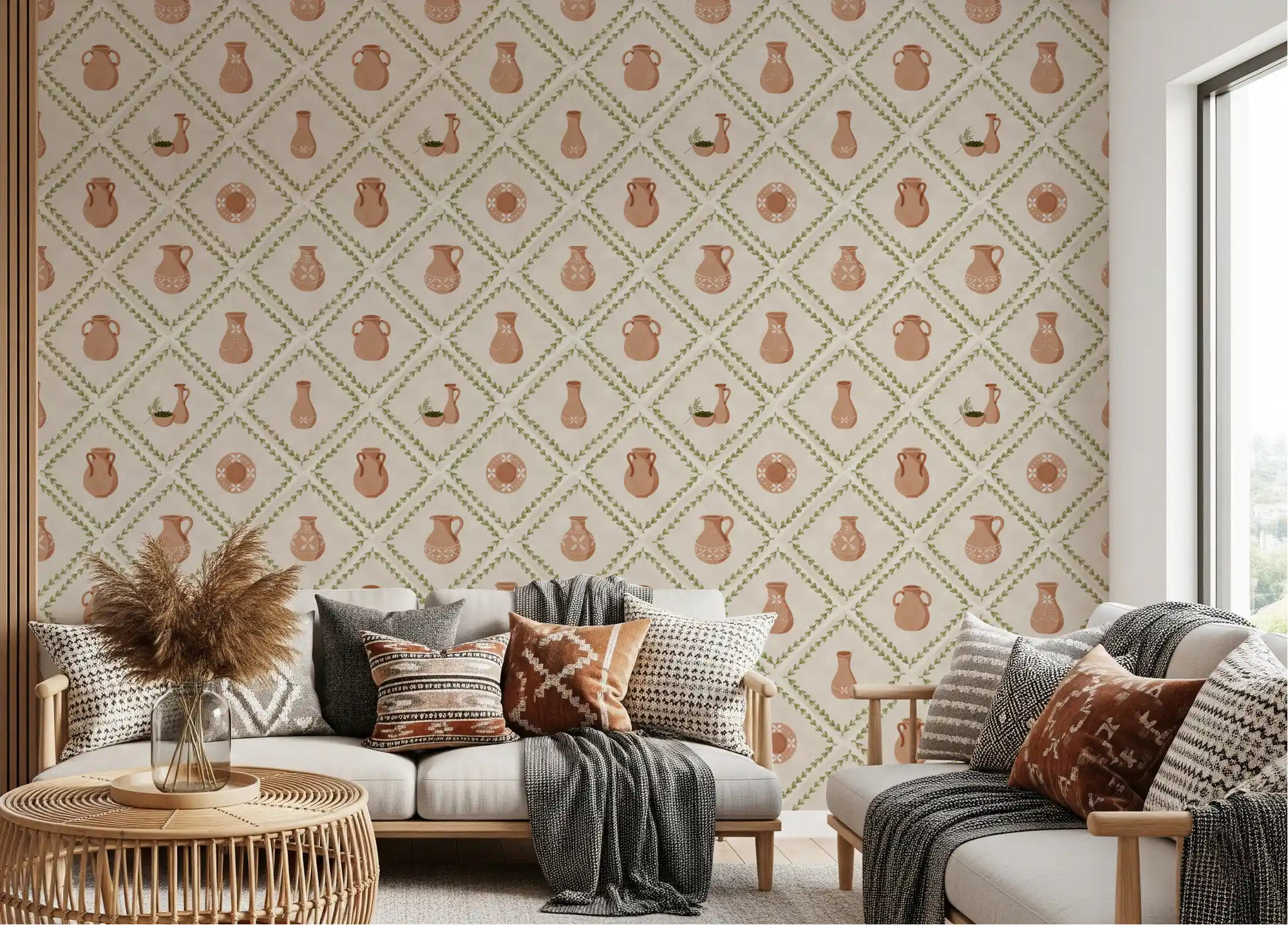 Terracotta jugs and olive vines fill this living room with pottery tile wallpaper.