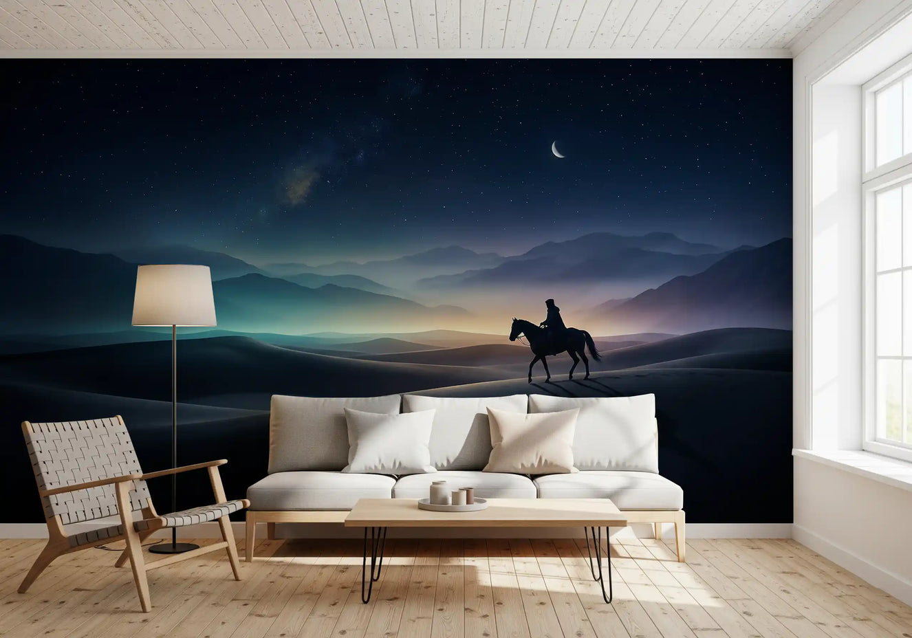 Lone horseman silhouette adds drama to an open living room via Silent Sands wall mural.