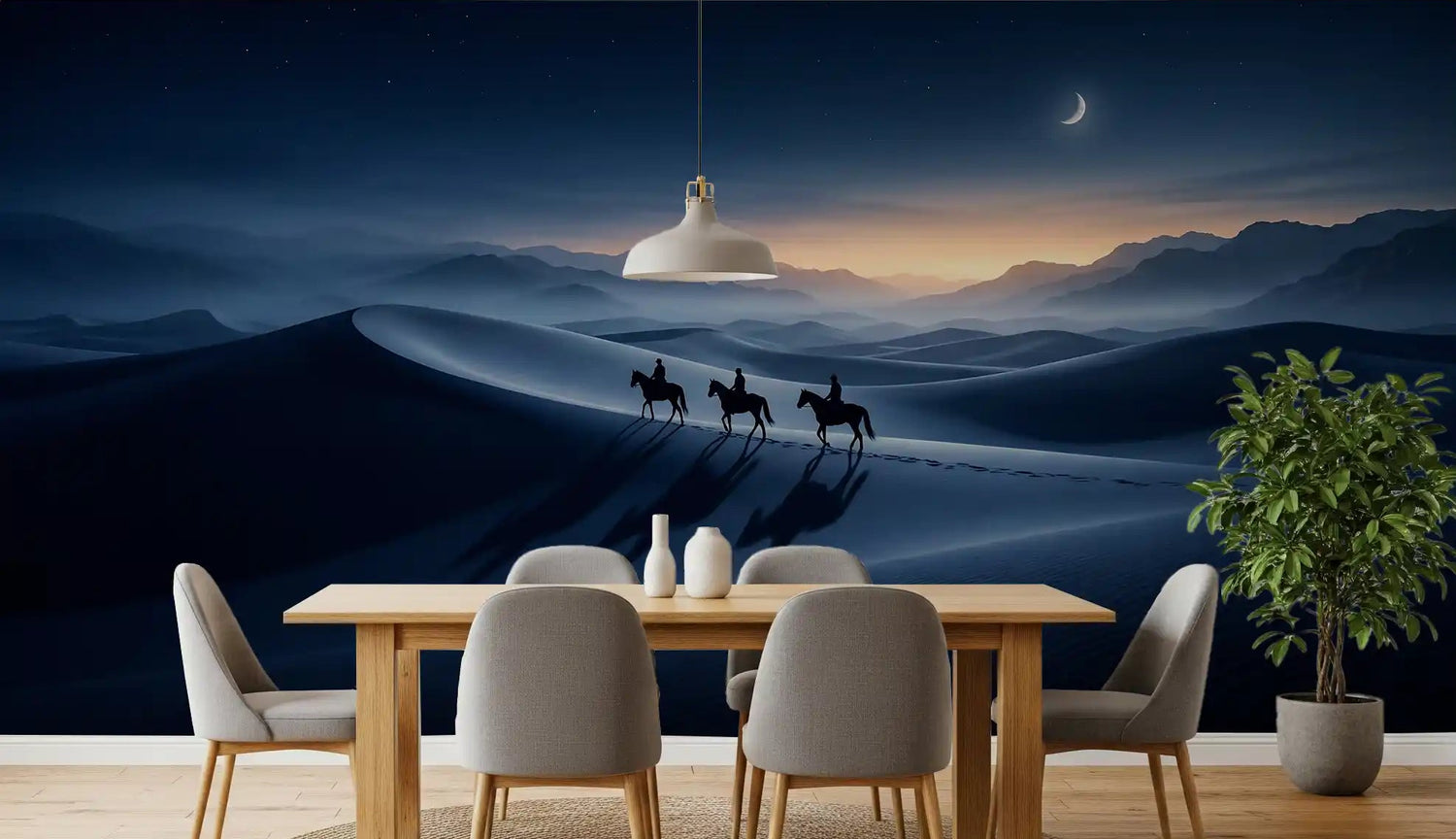 Desert Riders wall mural sets a moonlit twilight scene over the dining room