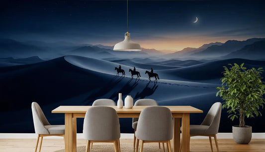 Desert Riders wall mural sets a moonlit twilight scene over the dining room