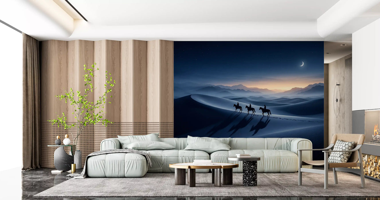 Crescent moon and silvered dunes fill the living room with this Desert Riders wall mural