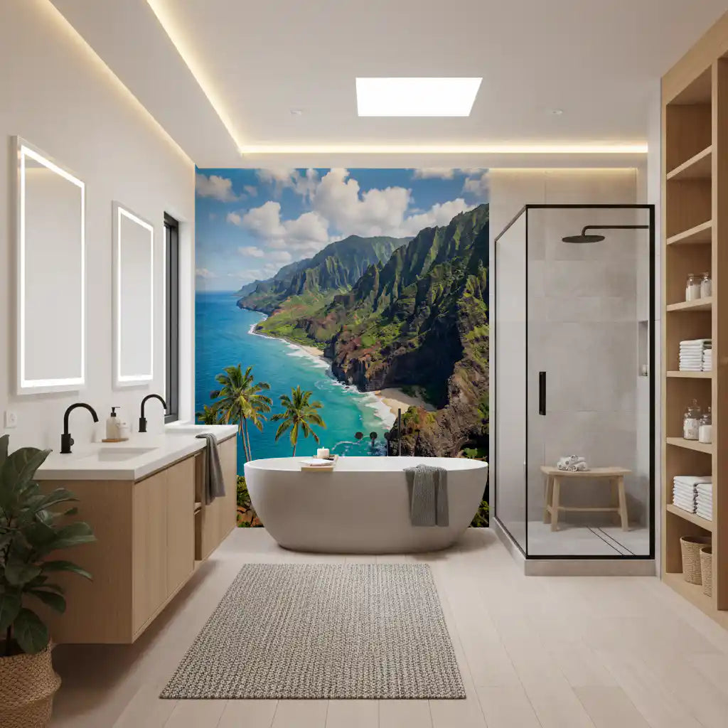 Na Pali Coast: Emerald Cliffs & Azure Sea Wall Mural detailing vivid mountain ridges.