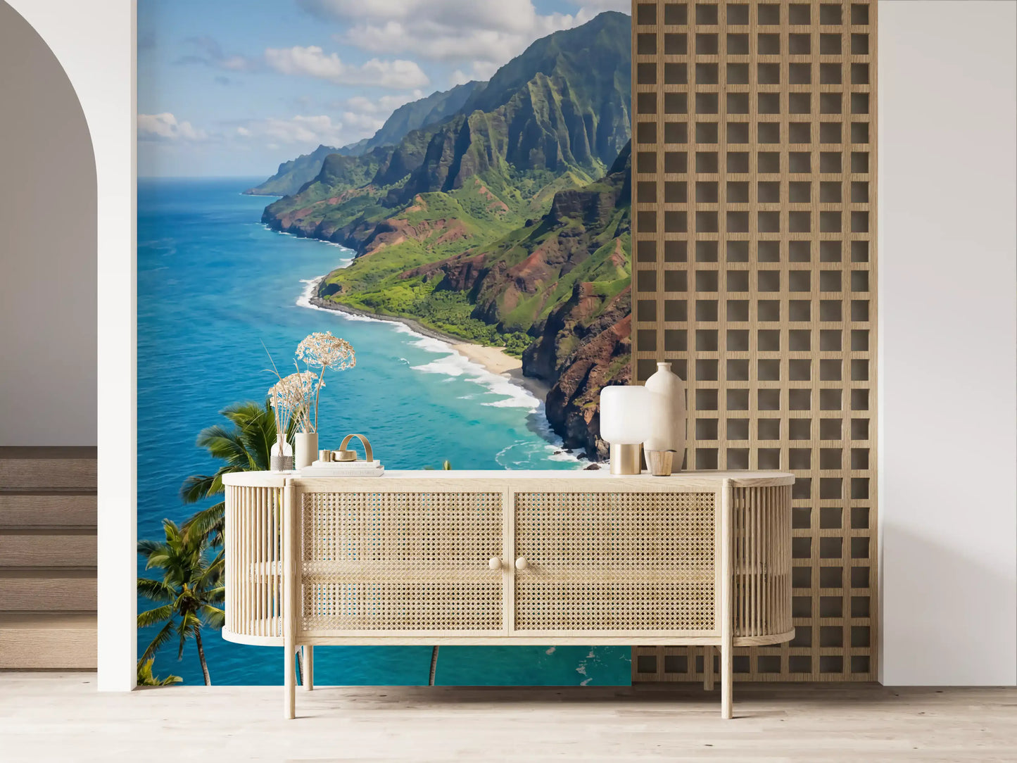 Minimalist Hallway area brightened by an Azure wall mural showcasing tropical coastlines.