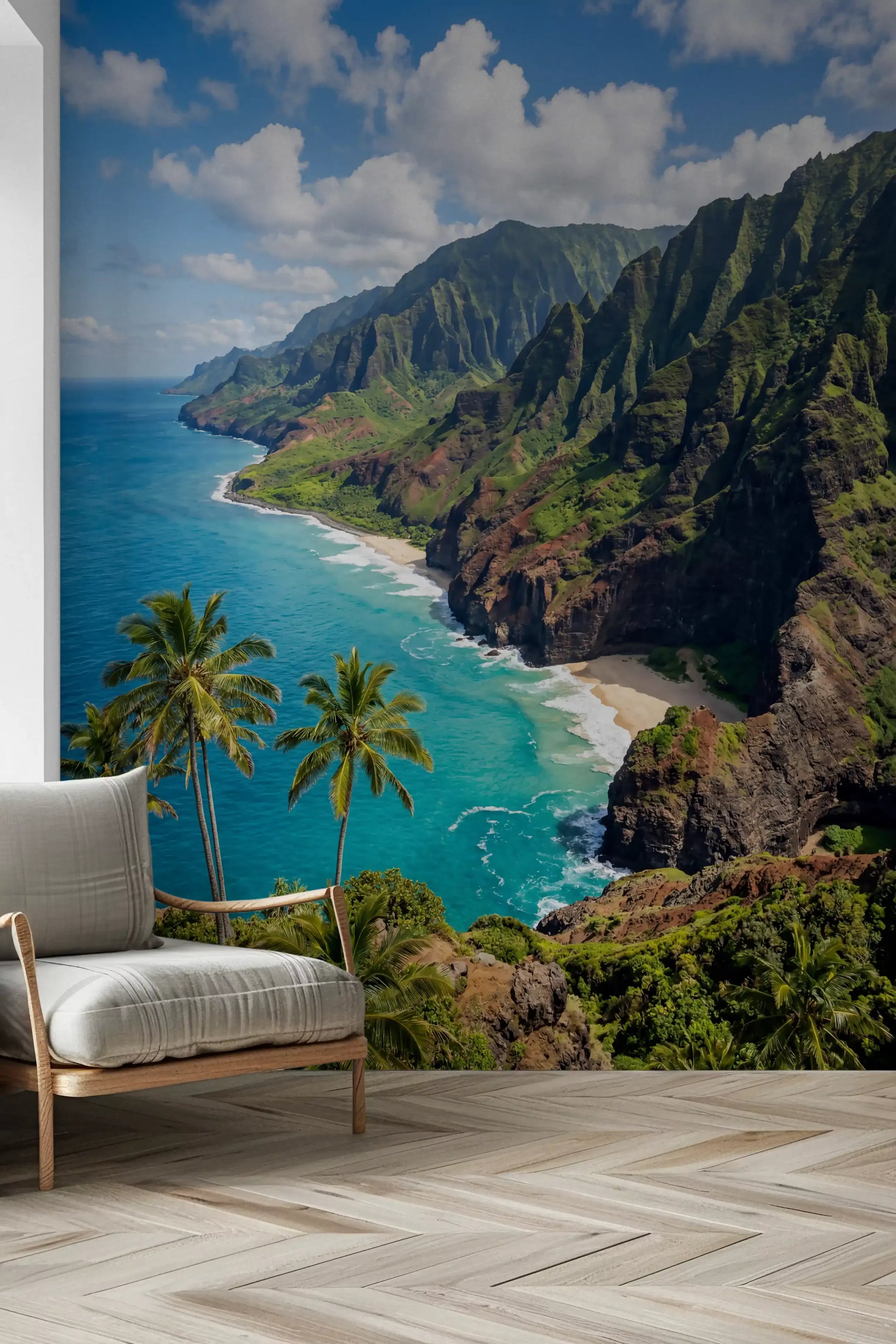 Na Pali Coast: Emerald Cliffs & Azure Sea Wall Mural depicting a sandy beach shoreline.