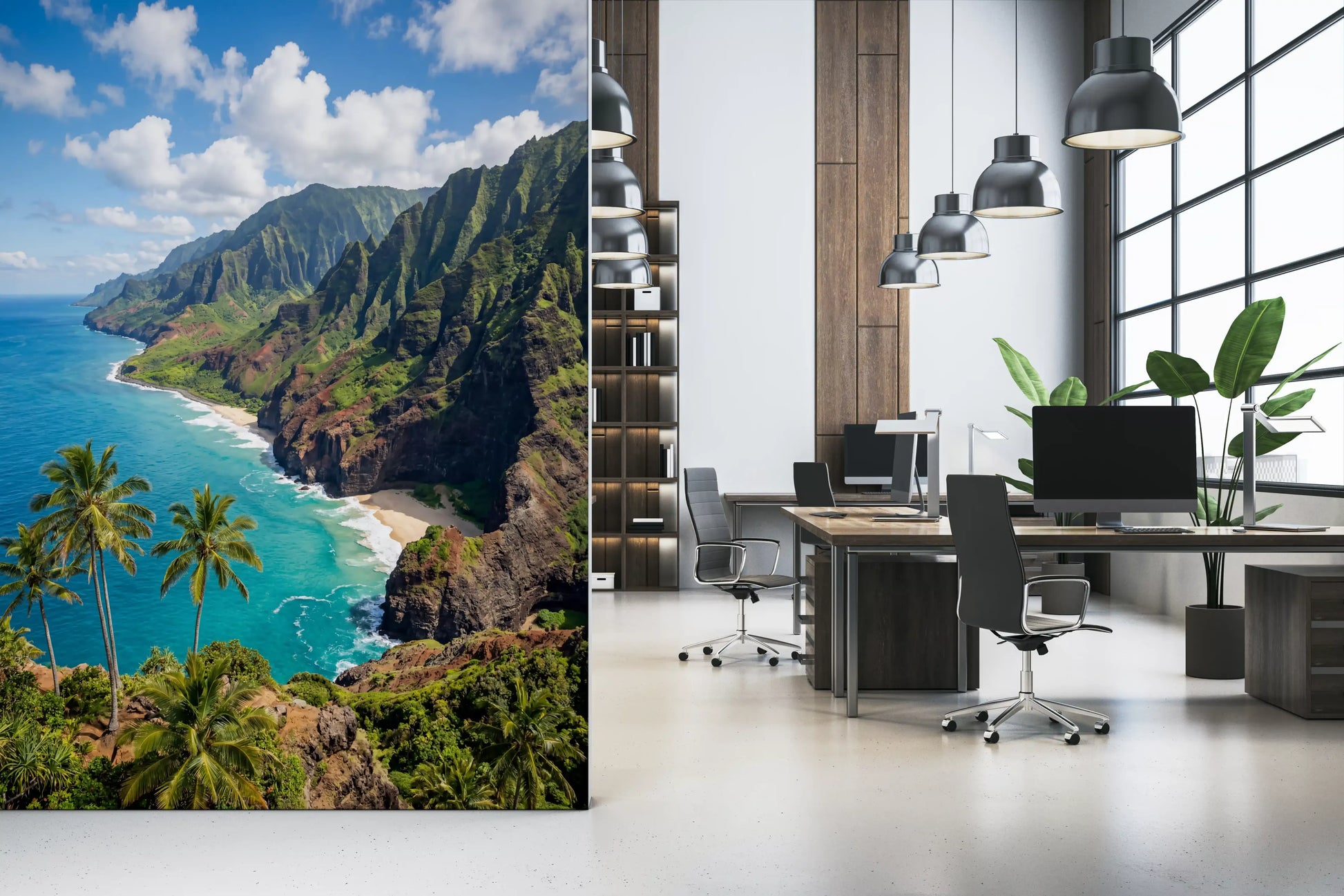 Bright home office featuring a scenic Emerald wall mural for a calming workspace.