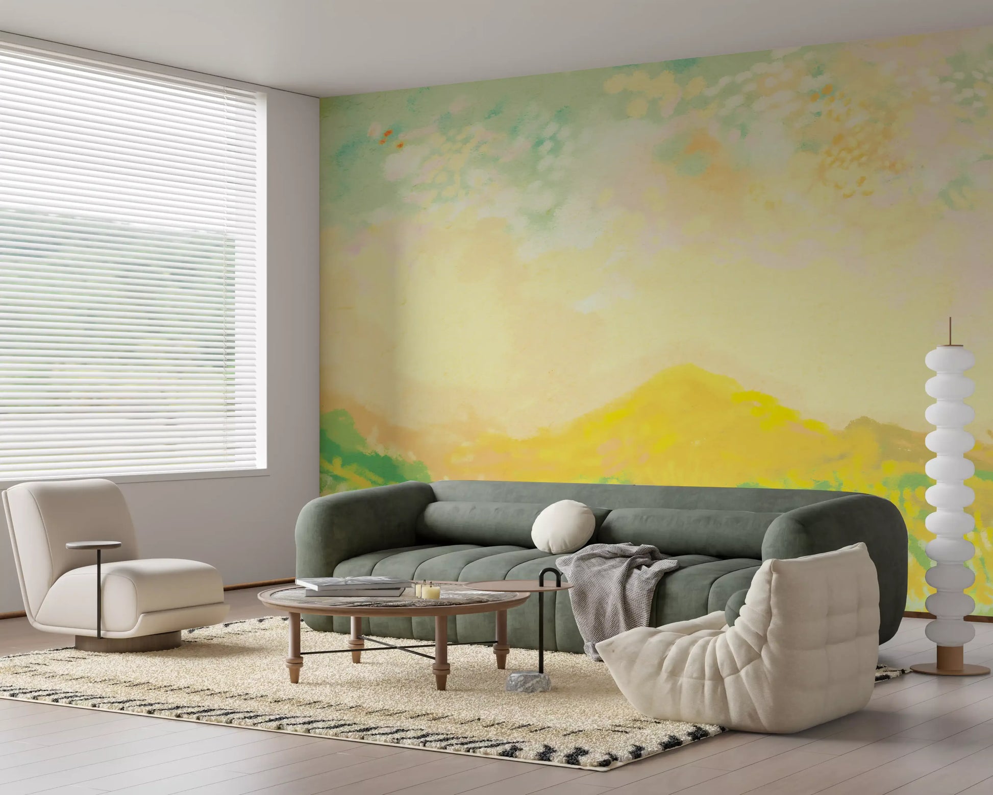 Indoor living room with a pastel meadow whispers wall mural