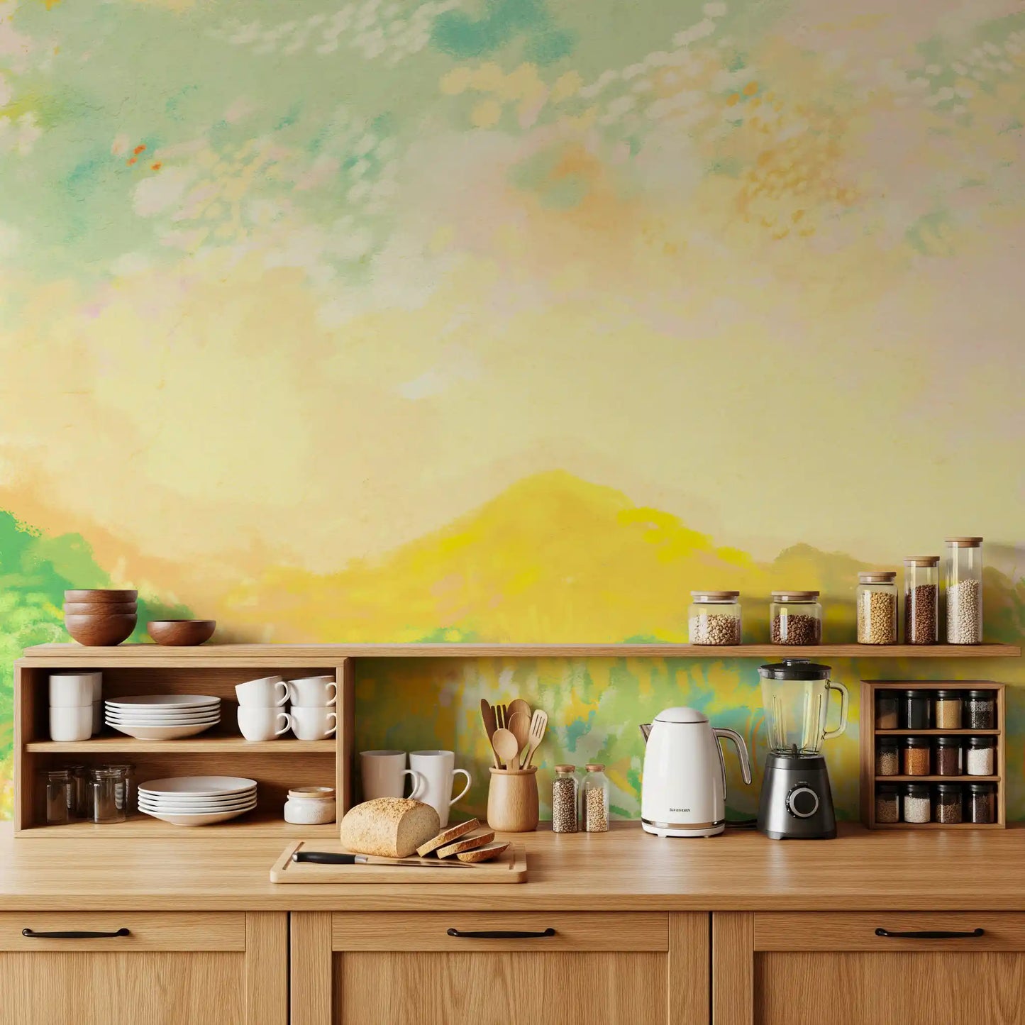 Kitchen displaying a soft impressionism scenery wall mural