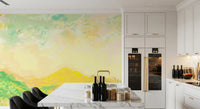 Kitchen-dining area featuring charcoal strokes on a wall mural