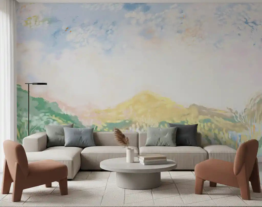 Living room featuring the Dreamy Horizon Hues Meadow impressionism oils Wall Mural.