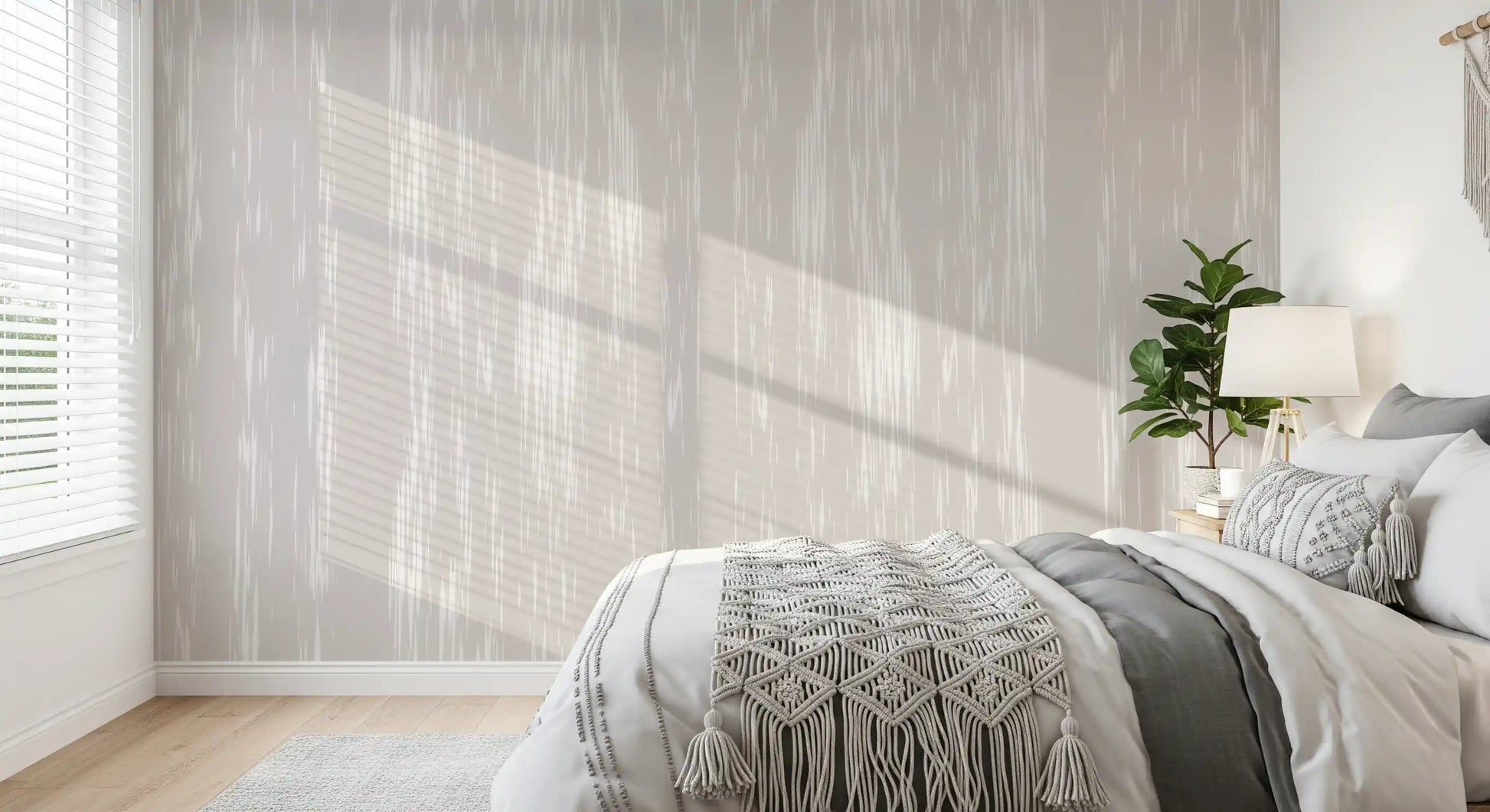 Bedroom area enhanced by a subtle streaks wall mural.