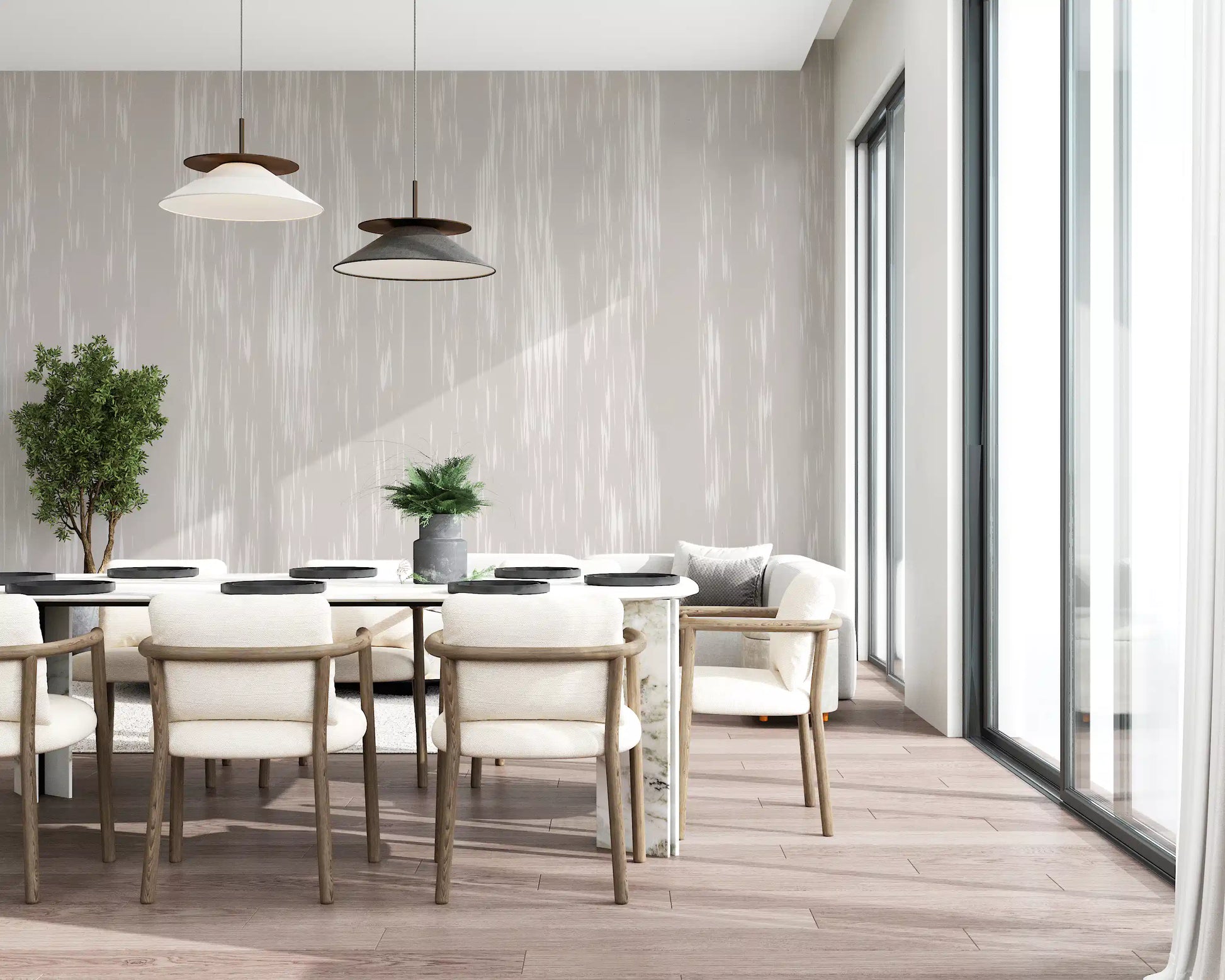 Dining room interior featuring a neutral elegance wall mural.