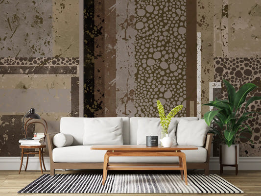 Large living room showcasing the Urban Patina Collage Abstract geometric Wall Mural.