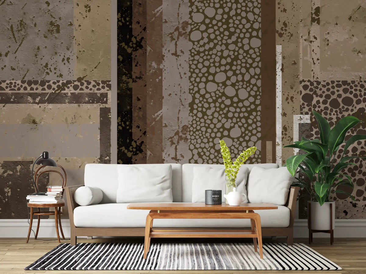Large living room showcasing the Urban Patina Collage Abstract geometric Wall Mural.