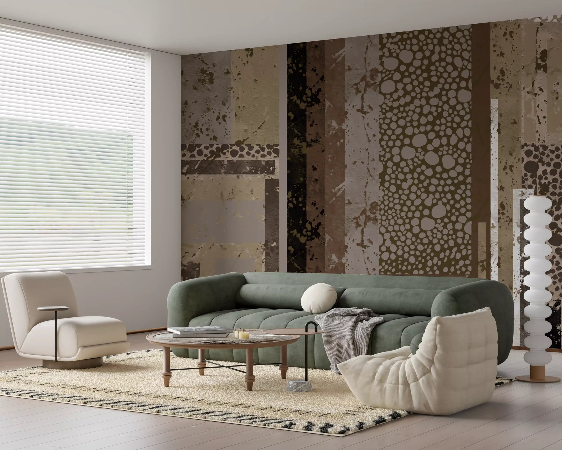 Cozy living room displaying the Urban Patina Collage Abstract geometric Wall Mural.