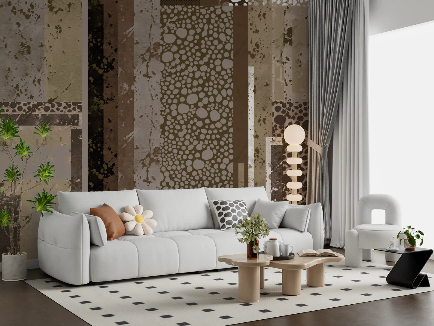 Intricate distressed shapes on a brown and beige geometric wall mural.