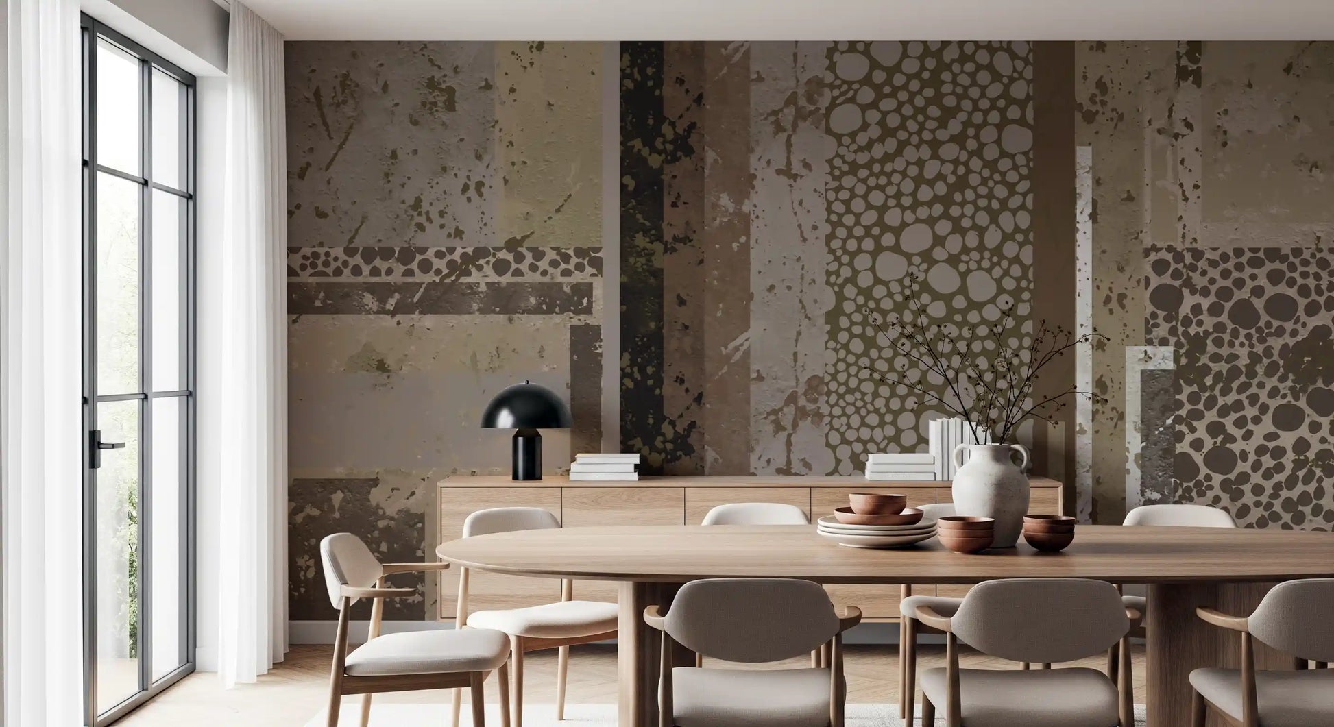 Modern dining room featuring a geometric wall mural pattern.