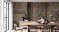 Modern dining room featuring a geometric wall mural pattern.
