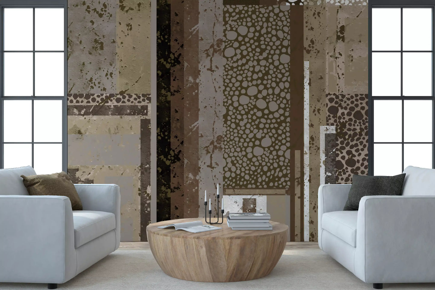 Spacious lounge area accented by the Urban Patina Collage Abstract geometric Wall Mural.