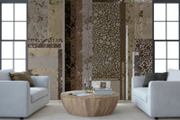 Spacious lounge area accented by the Urban Patina Collage Abstract geometric Wall Mural.