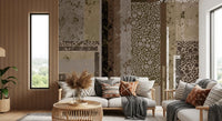 Large rectangular blocks and organic circles on a textured collage wall mural.