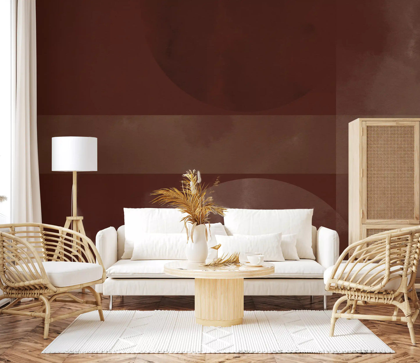 Overlapping circular patterns define the Sienna & Clay Harmony shapes wall mural
