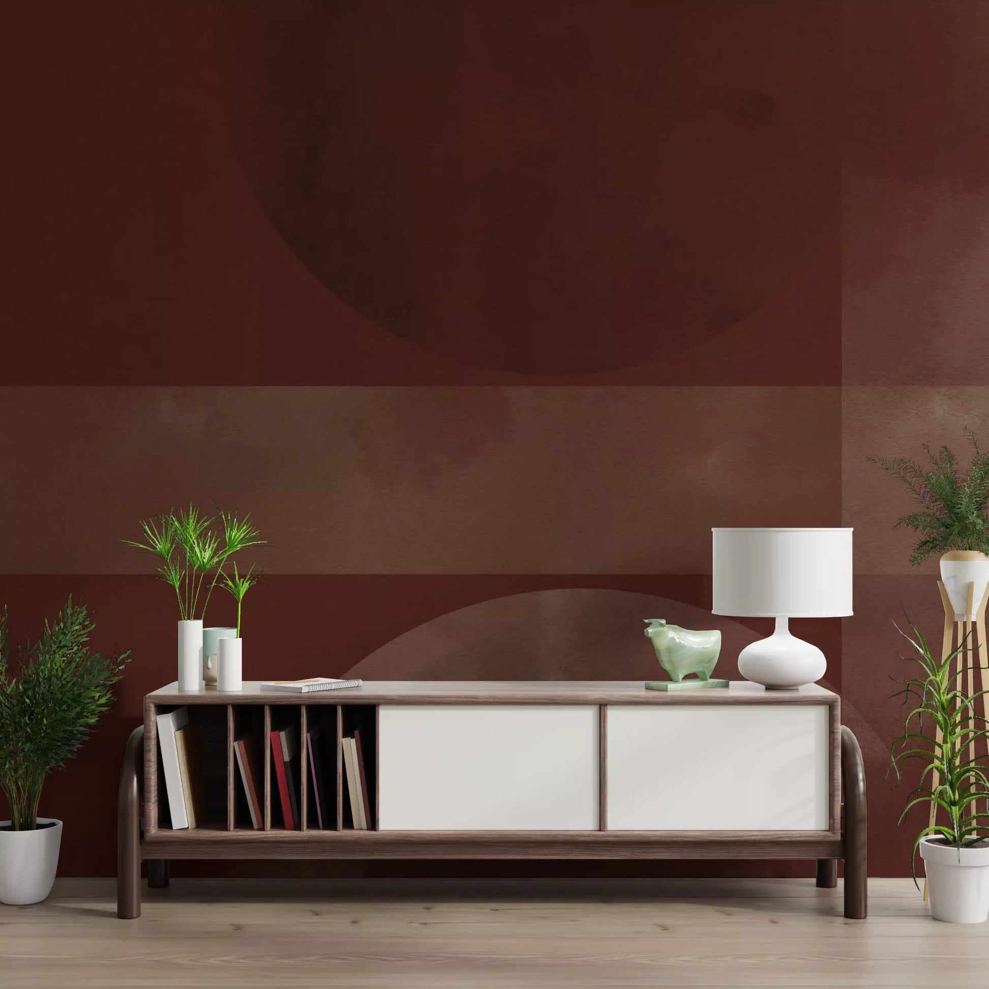 Horizontal banding provides structural elegance within the clay wall mural artwork