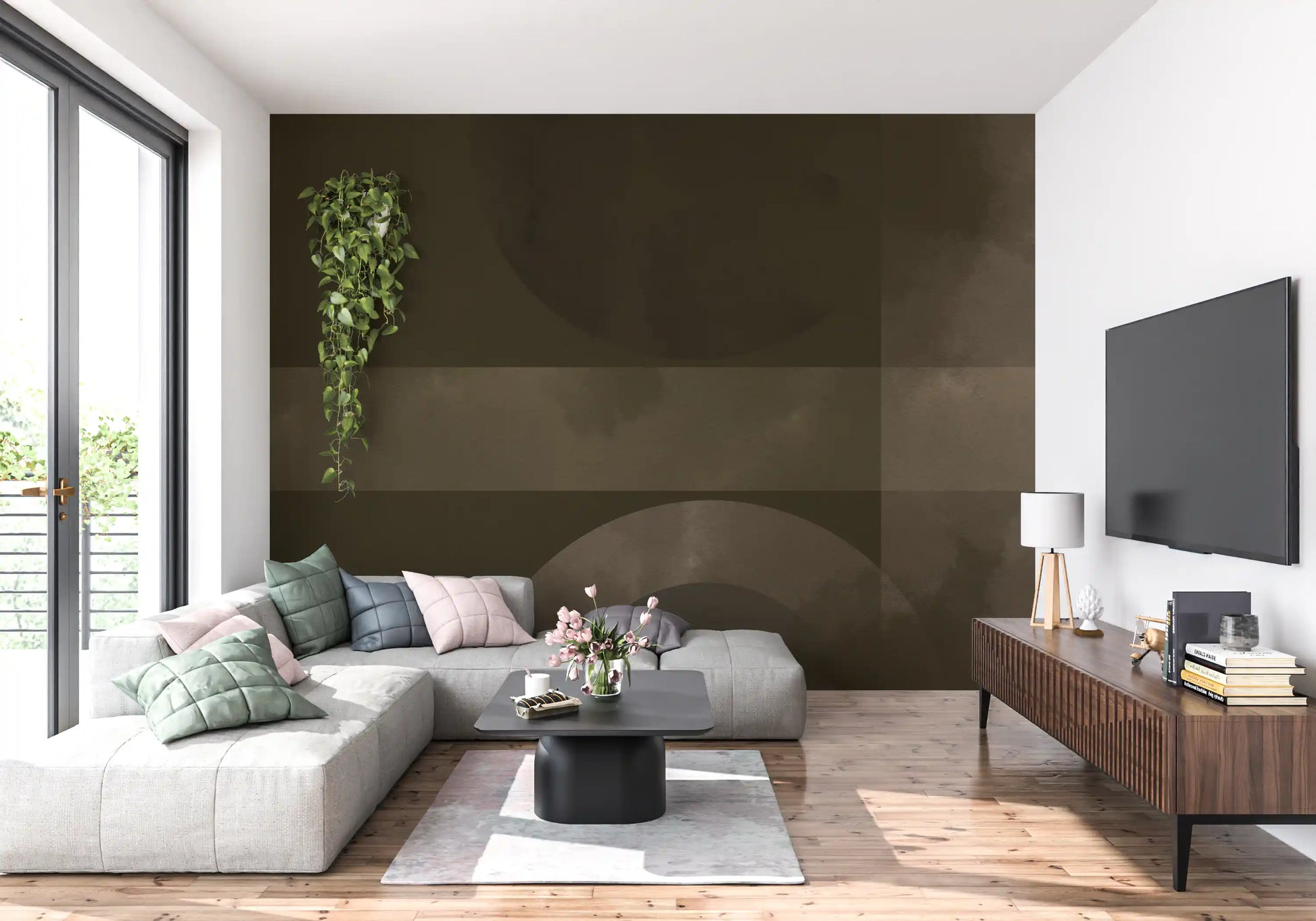 Cozy living room backdrop provided by a textured Horizon wall mural.