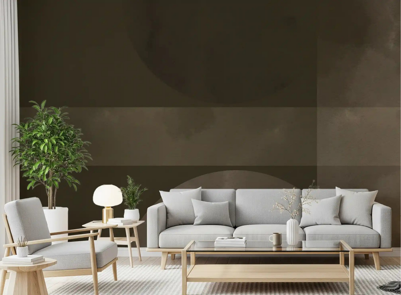 Muted Horizon Geometry abstract shapes Wall Mural shown inside a modern living room.