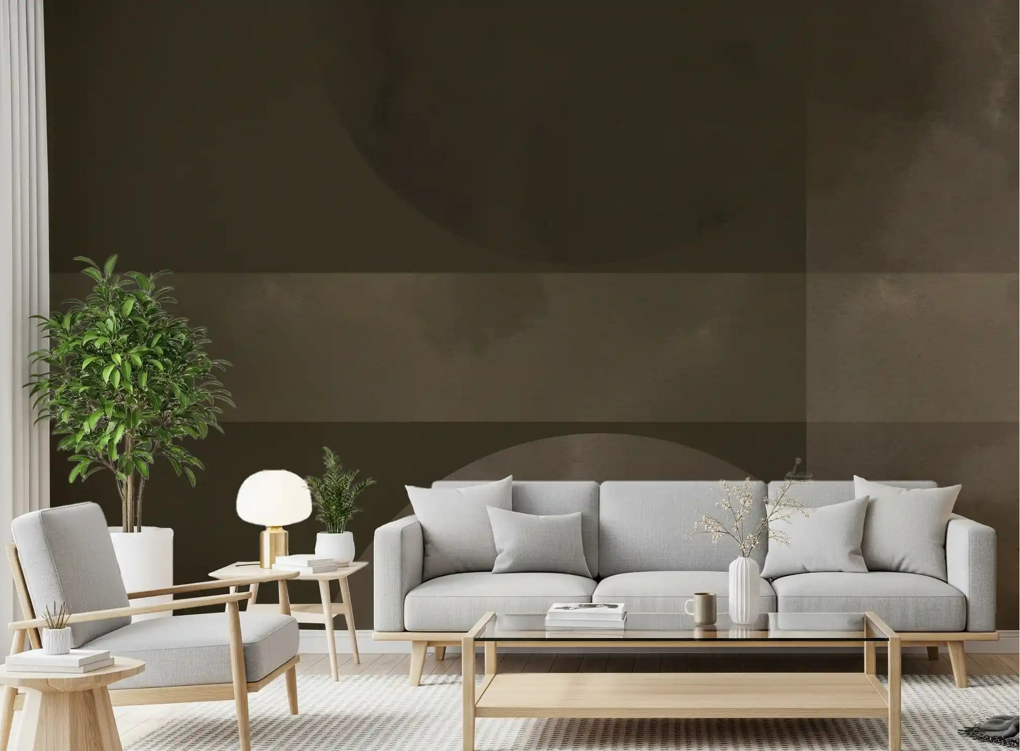 Muted Horizon Geometry abstract shapes Wall Mural shown inside a modern living room.