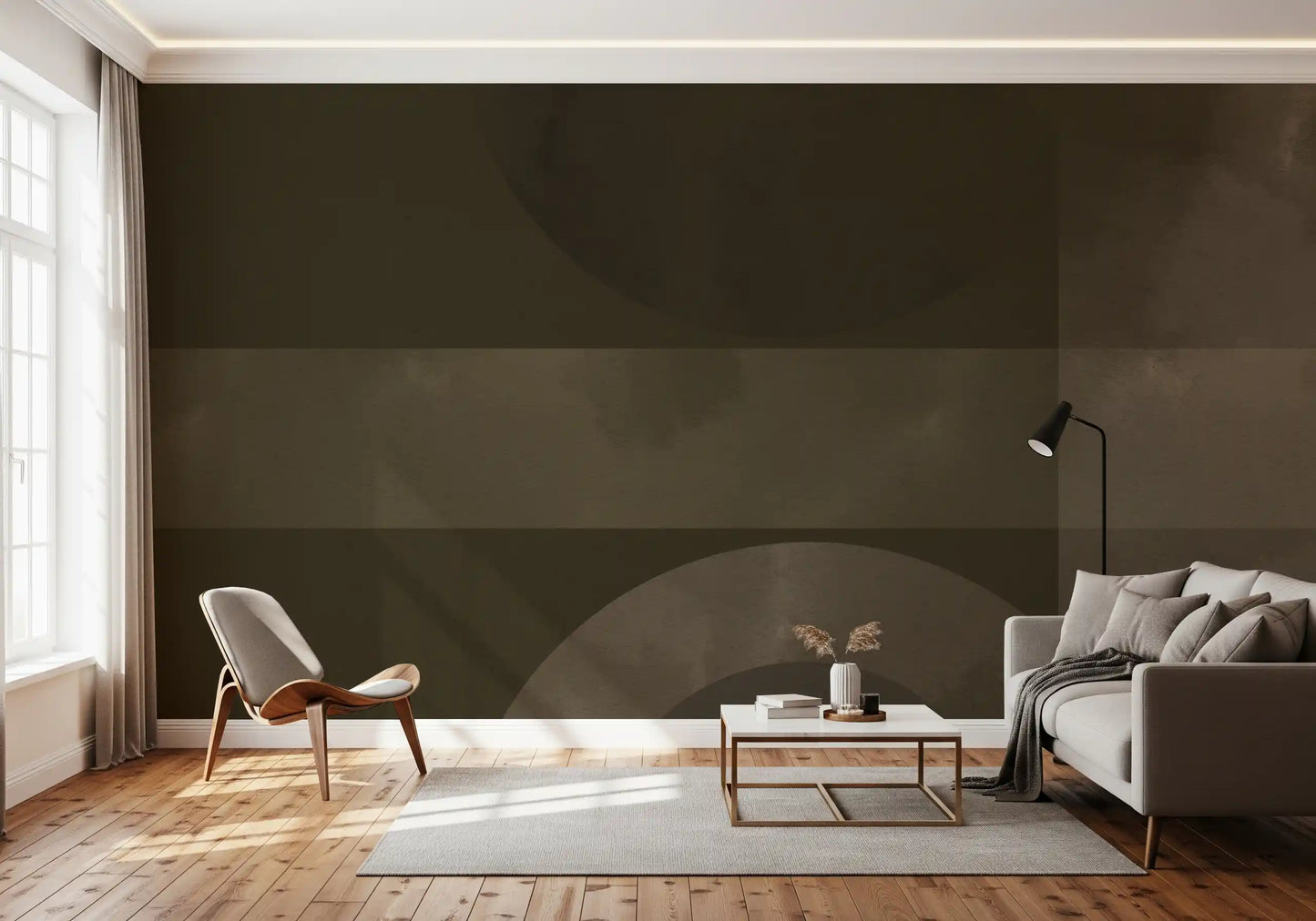 The Muted Horizon Geometry abstract shapes Wall Mural displaying brown circles.