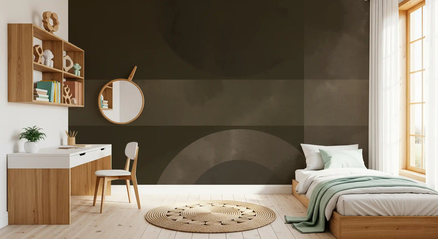 Peaceful bedroom corner complemented by a Muted wall mural.