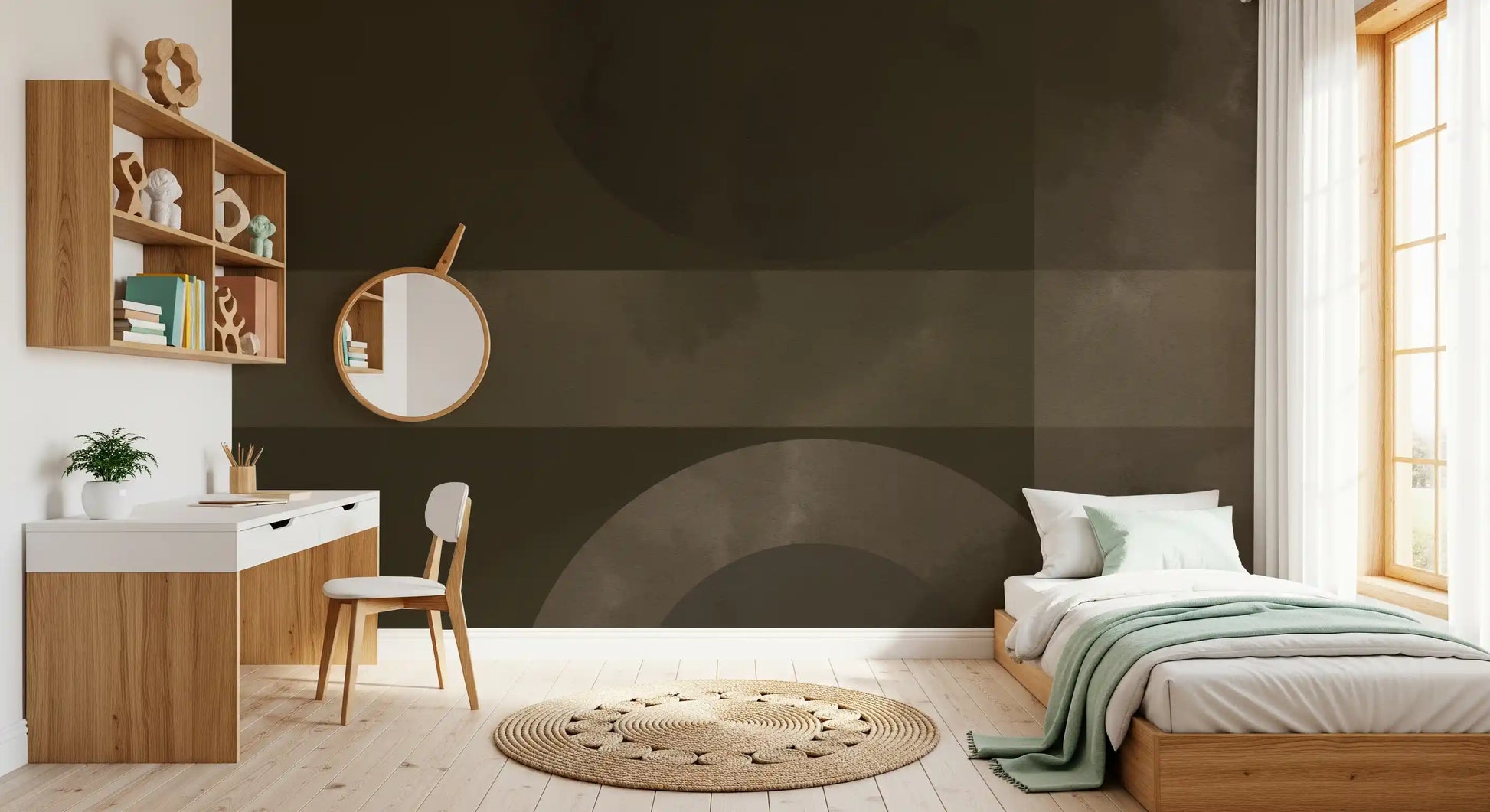 Peaceful bedroom corner complemented by a Muted wall mural.