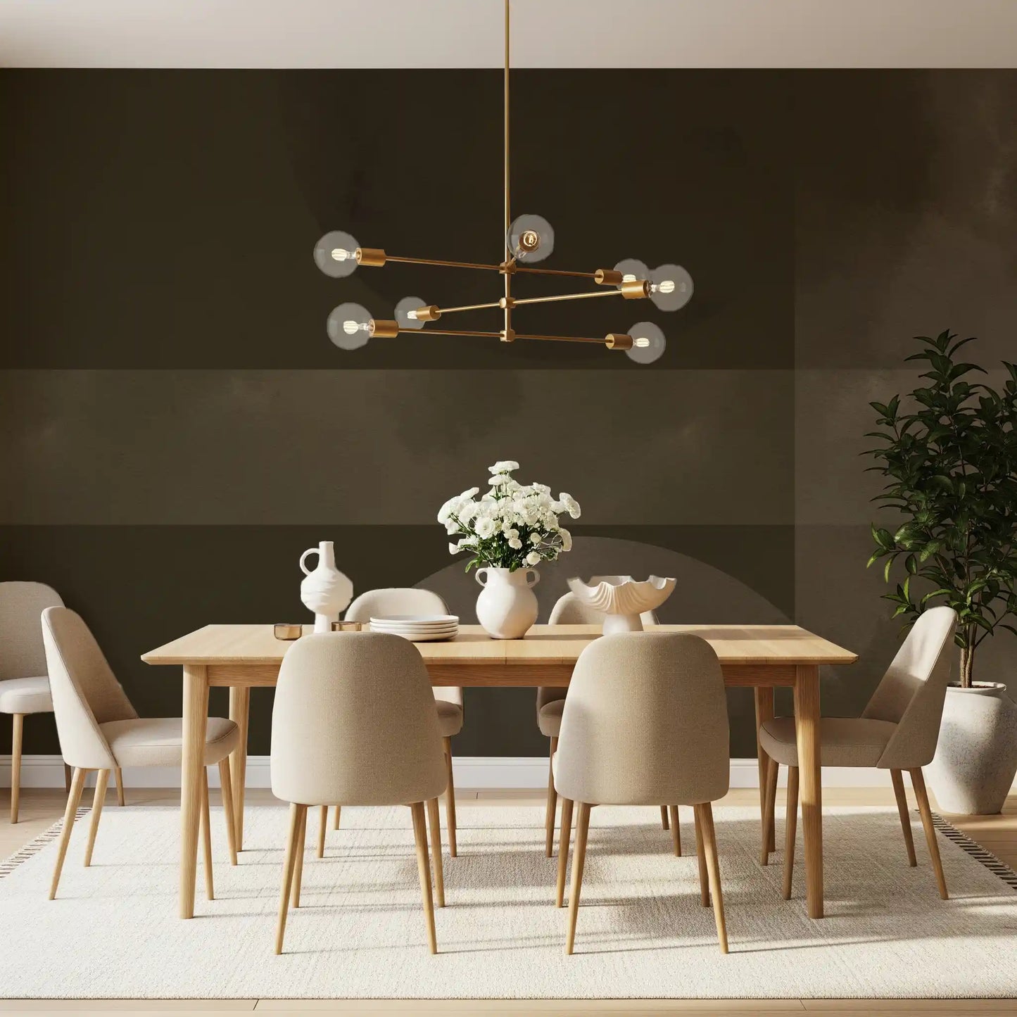Bright dining room displaying a shapes wall mural.