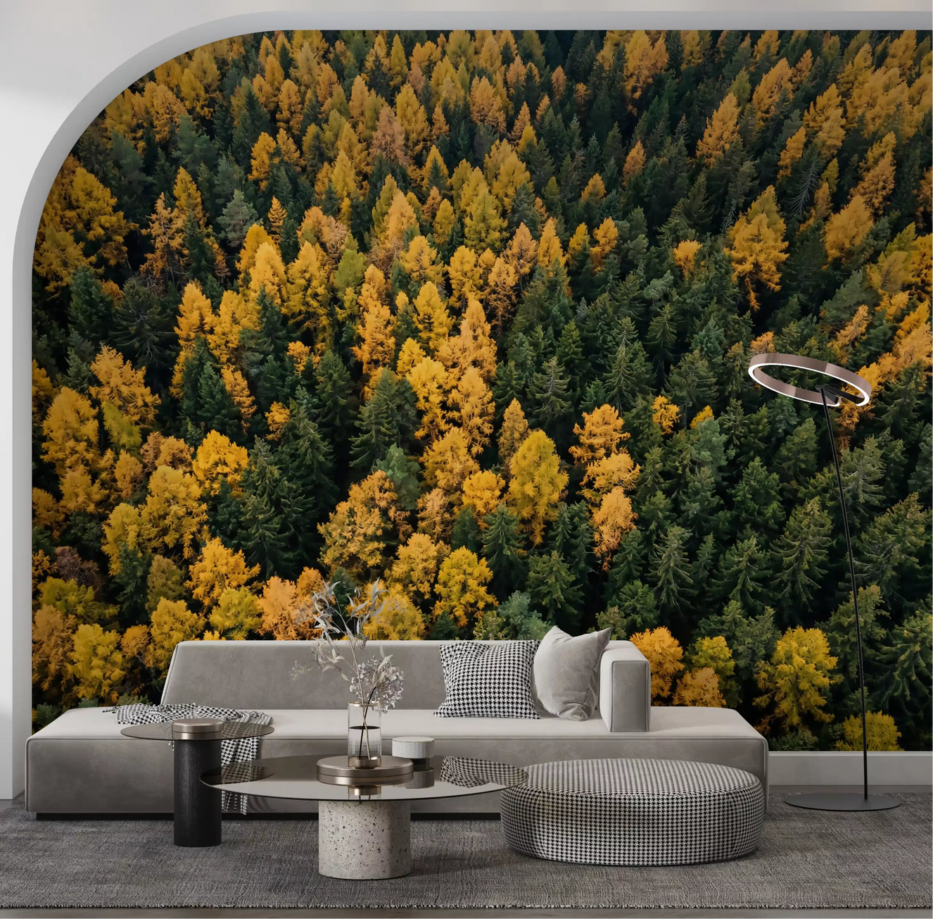 living room displaying the Emerald and Gold Forest Canopy Wall Mural.