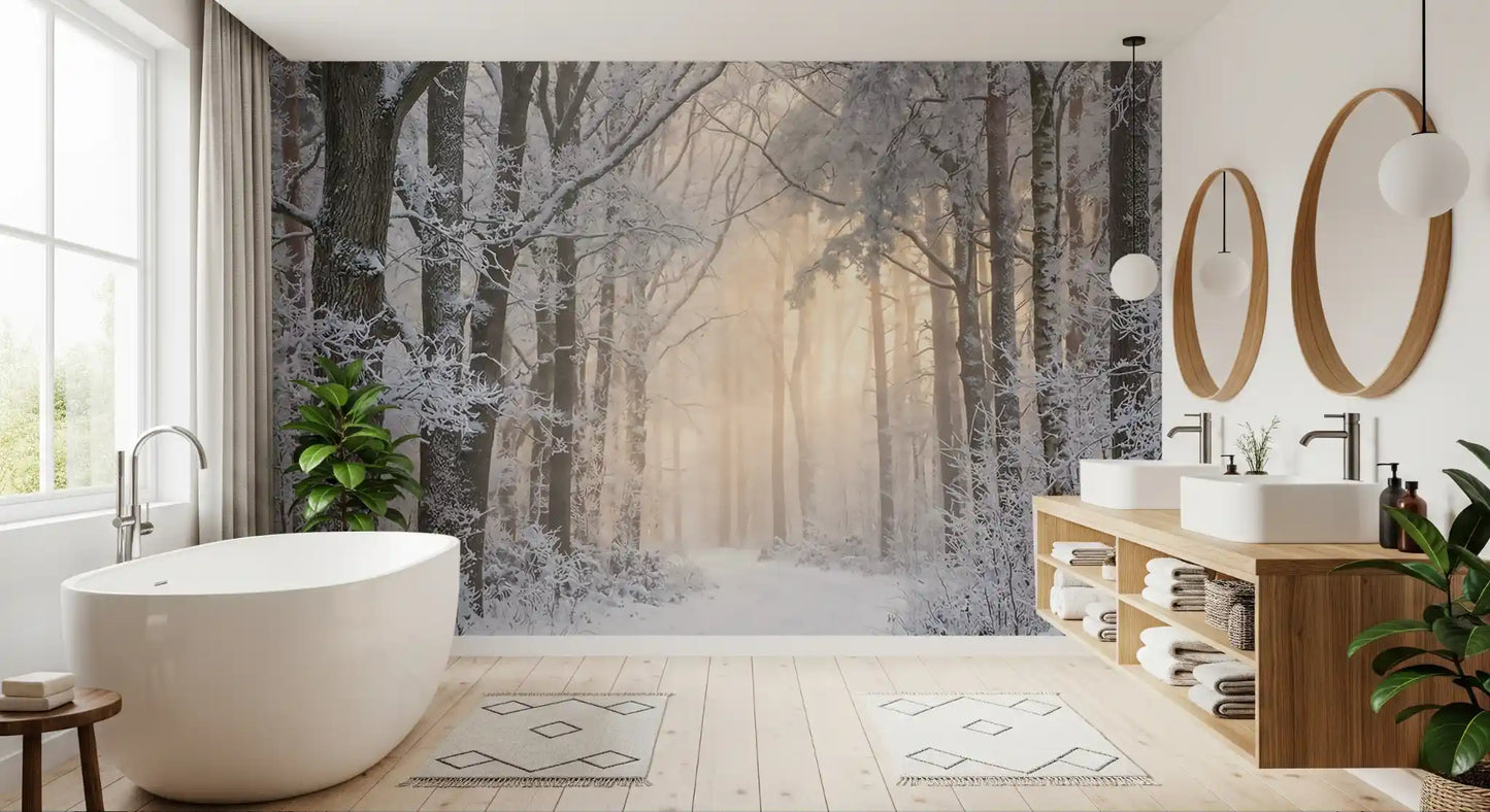 Papier peint panoramique Éclat de forêt hivernale brumeuse