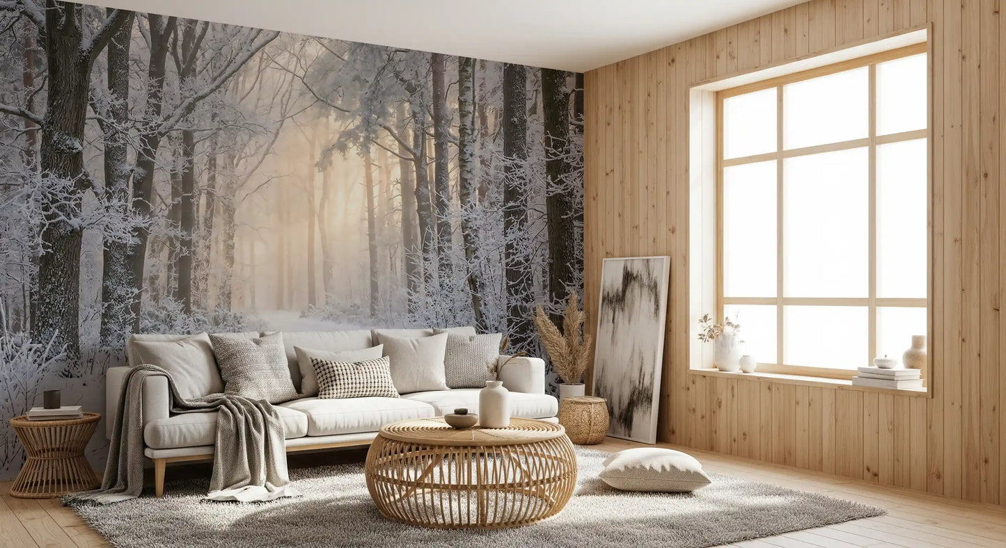 Papier peint panoramique Éclat de forêt hivernale brumeuse