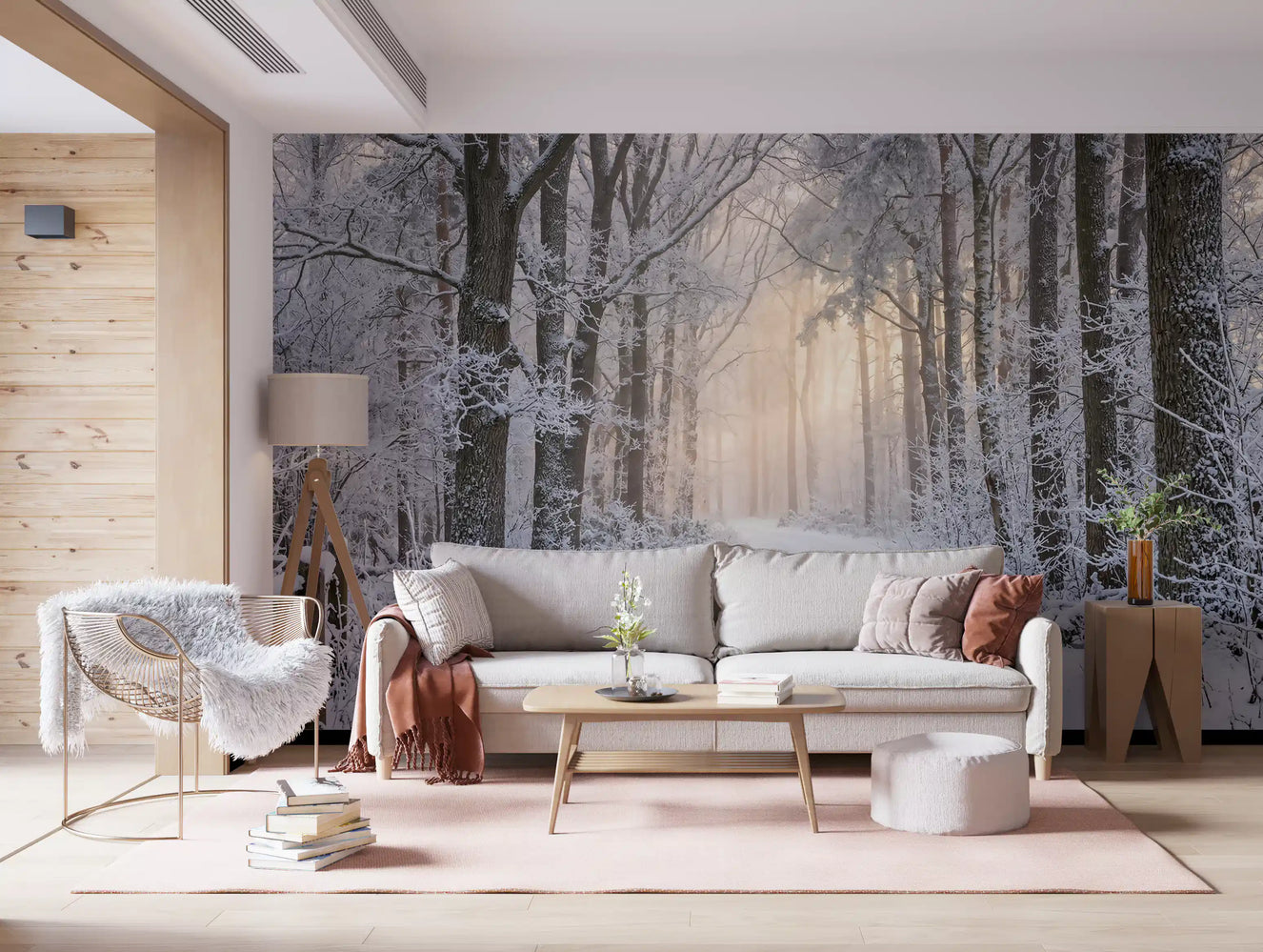 Winter forest wall mural providing a calm backdrop for a lounge.