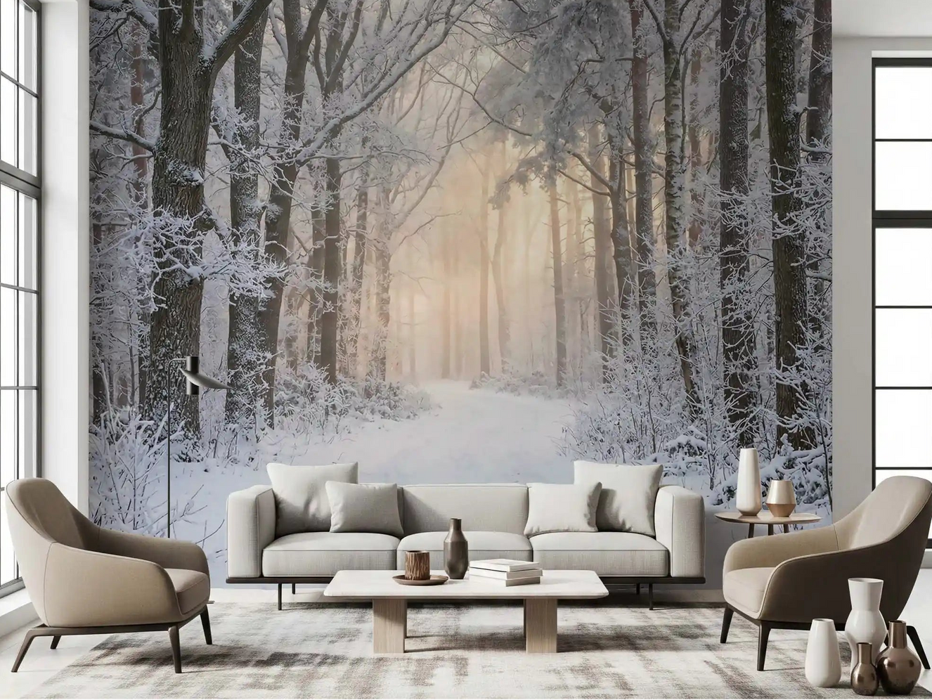 Living room featuring the misty winter forest glow wall mural.