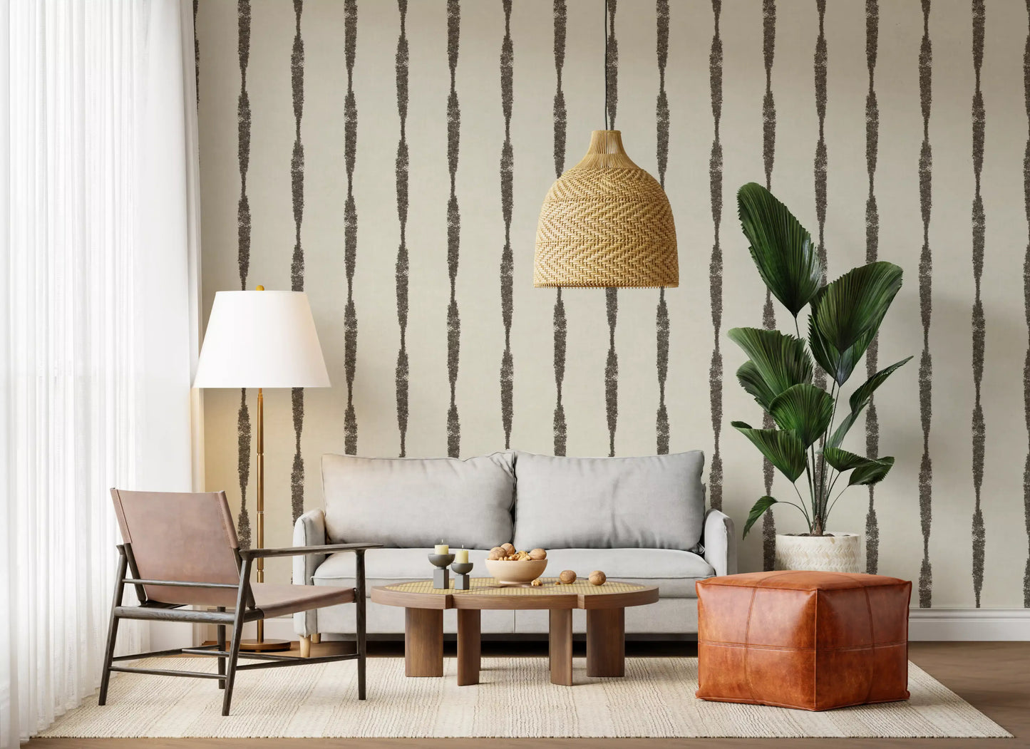 Muted Green Textured Distressed Stripes on Creamy White Wallpaper⁠