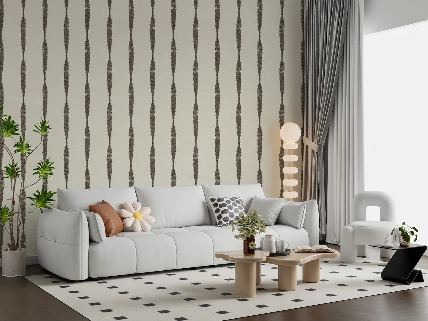 Muted Green Textured Distressed Stripes on Creamy White Wallpaper⁠