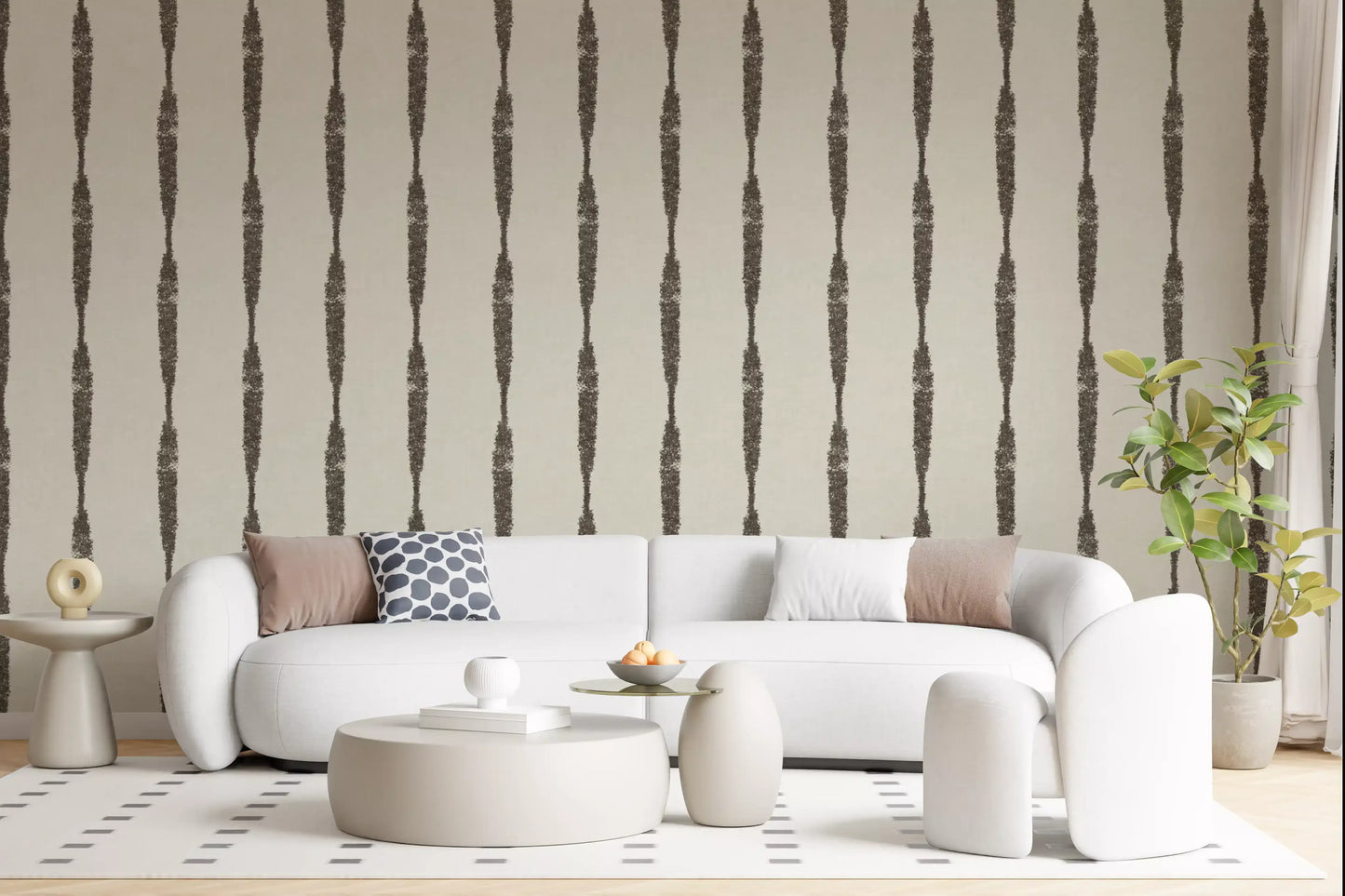 Muted Green Textured Distressed Stripes on Creamy White Wallpaper⁠
