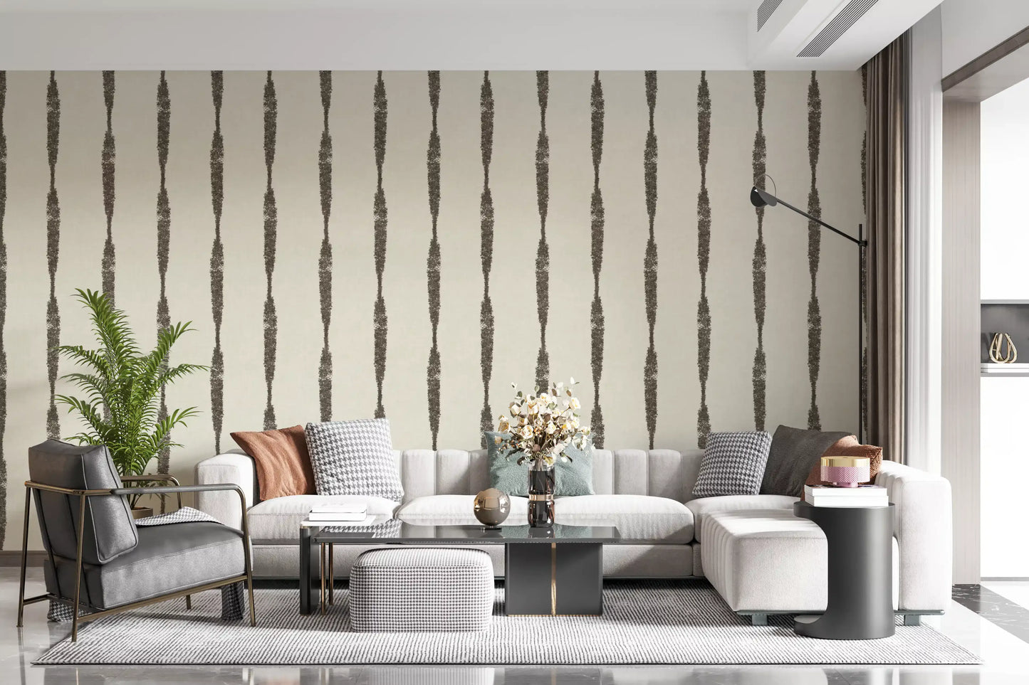 Muted Green Textured Distressed Stripes on Creamy White Wallpaper⁠