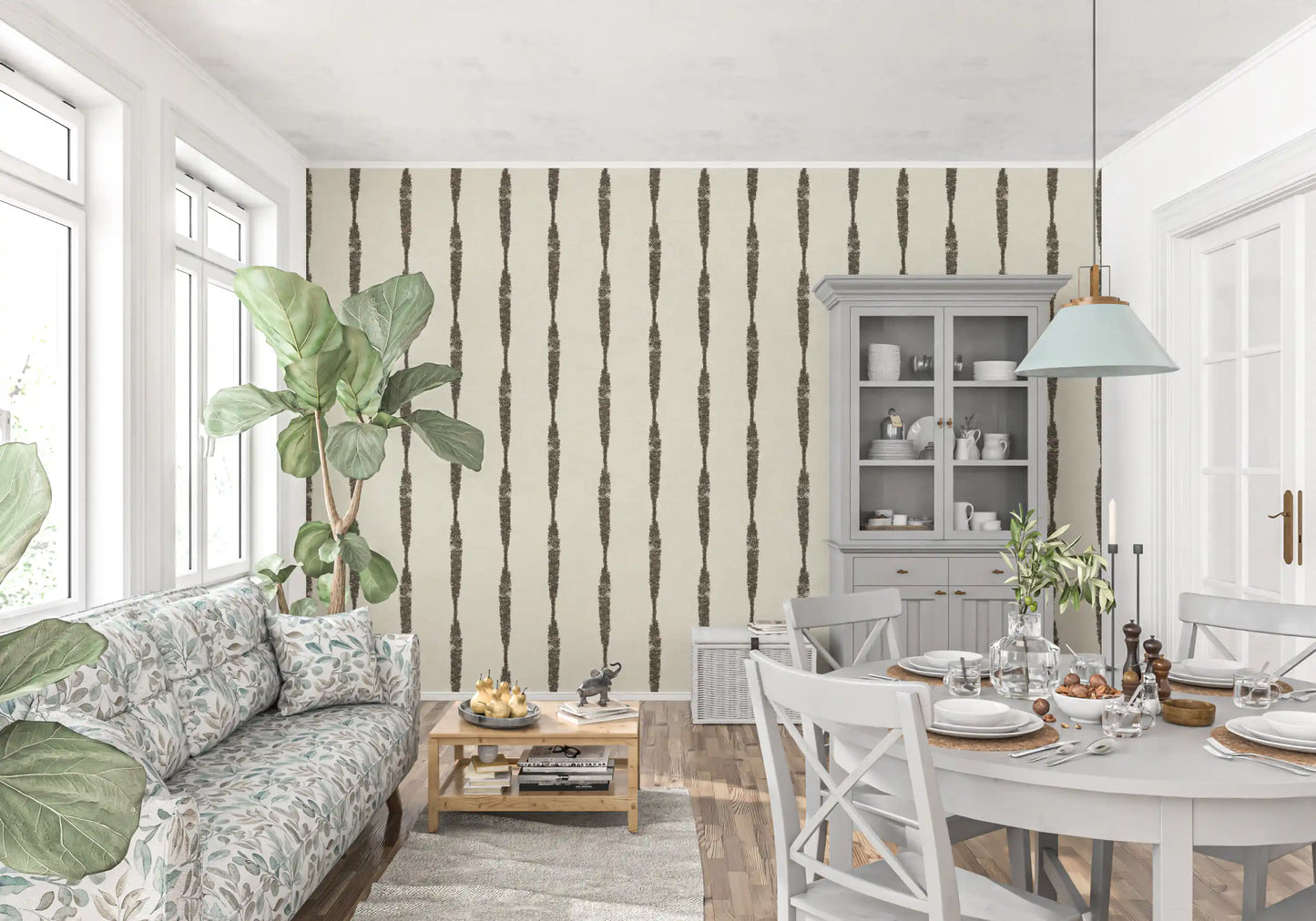 Muted Green Textured Distressed Stripes on Creamy White Wallpaper⁠