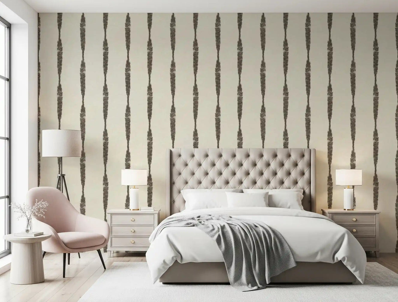 Green Stripes on Creamy White Wallpaper featured inside a cozy bedroom.
