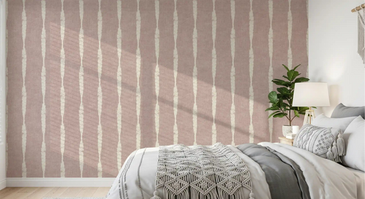 Cream distressed stripes wallpaper styling a calm and relaxing bedroom environment.