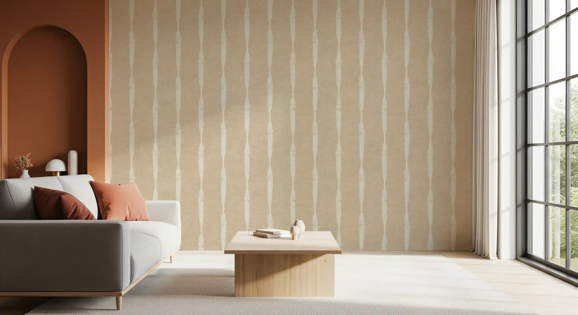 Vertical details in Creamy White Textured Distressed Stripes on Warm Beige Wallpaper.