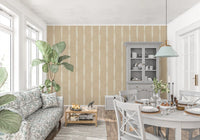 Dining area with Creamy White Textured Distressed Stripes on Warm Beige Wallpaper.