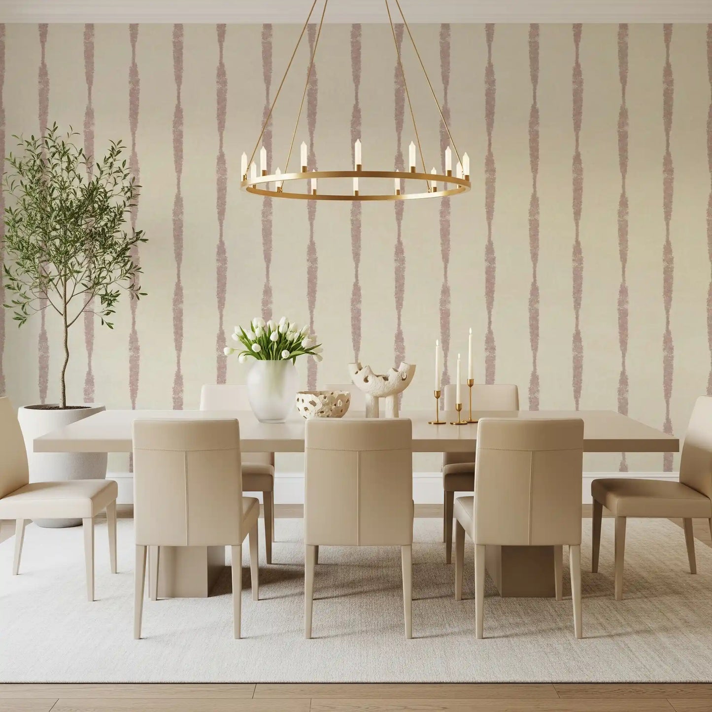 Nude Pink Strukturierte Abgenutzte Streifen auf Creme Tapete⁠