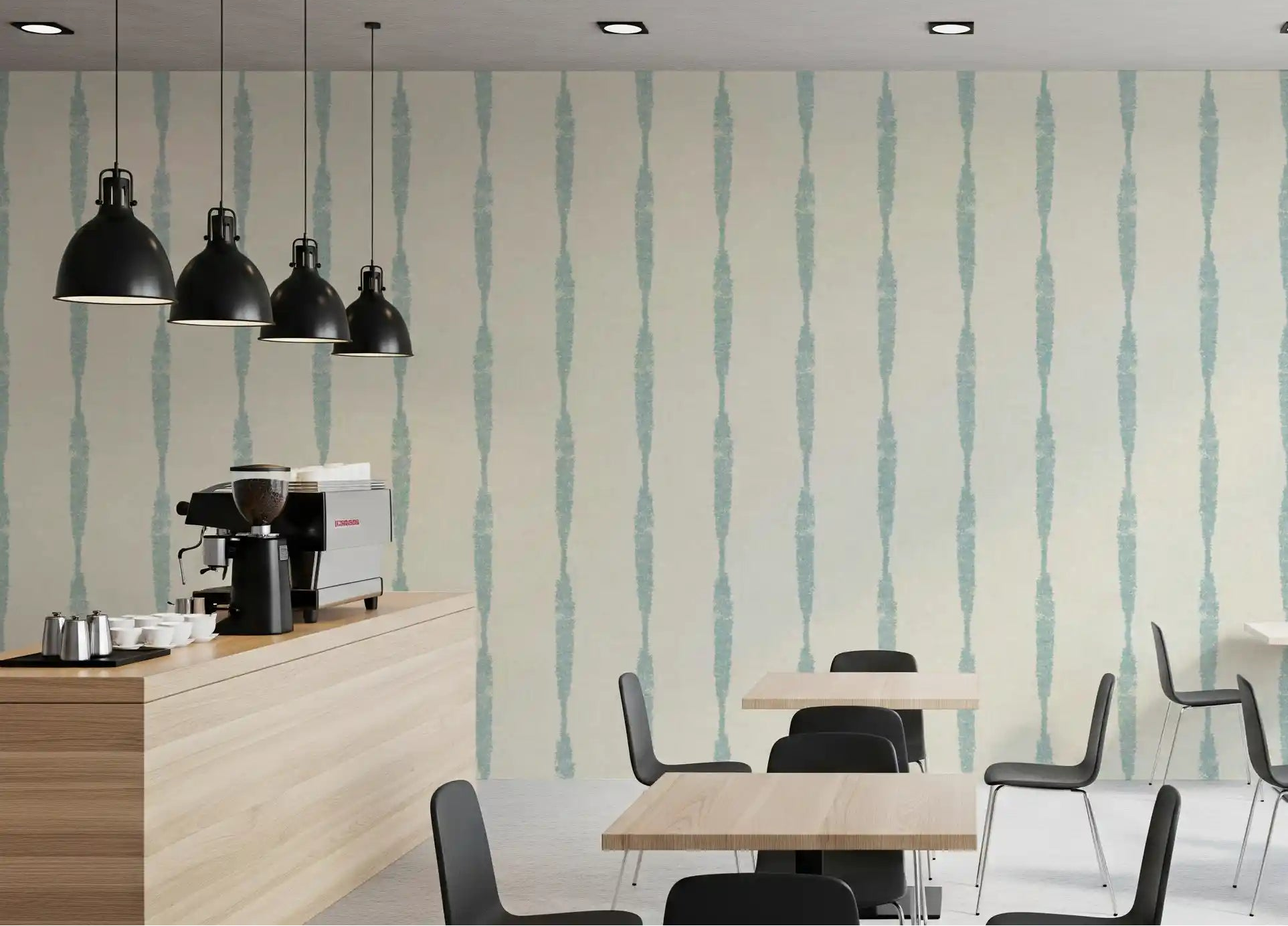 Soft blue textured distressed stripes on cream wallpaper styling a modern cafe.