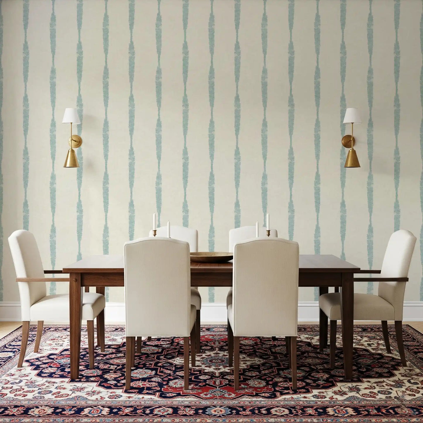 Soft Blue Textured Distressed Stripes on Cream Wallpaper⁠